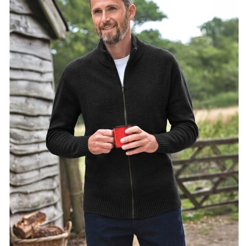 WoolOvers Lincoln Full Zip Cardigan Sweater Mens Large Black Lambswool Mock Neck